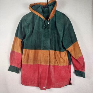 Gitano Vintage Style Leather Suede Jacket Mens Small Hooded Colorblock Green Red